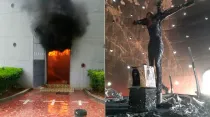 Ataque con bomba molotov de la capilla e imagen de la Sangre de Cristo quemada. Crédito: Lázaro Gutiérrez /Arquidiócesis de Managua (derecha) y Cuenta de Twitter de Silvio José Báez (izquierda)