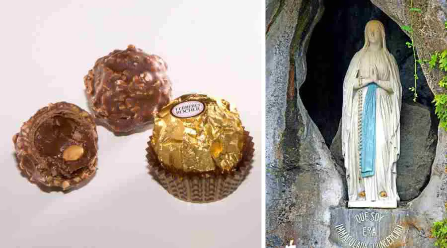 Chocolates Ferrero Rocher. Crédito: Donald / Wikipedia (CC BY-SA 3.0) - Gruta de la Virgen de Lourdes. Crédito: Denis Jarvis/ Wikipedia (CC BY-SA 2.0)?w=200&h=150