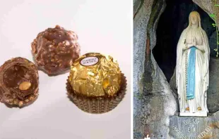 Chocolates Ferrero Rocher. Crédito: Donald / Wikipedia (CC BY-SA 3.0) - Gruta de la Virgen de Lourdes. Crédito: Denis Jarvis/ Wikipedia (CC BY-SA 2.0) 