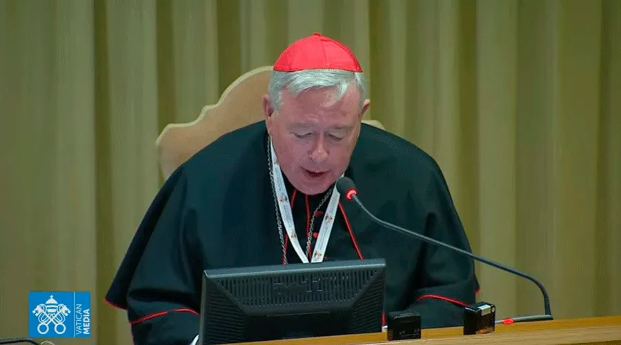El Cardenal Hollerich en el Aula Nueva del Sínodo. Foto: Vatican Media / Captura de Youtube