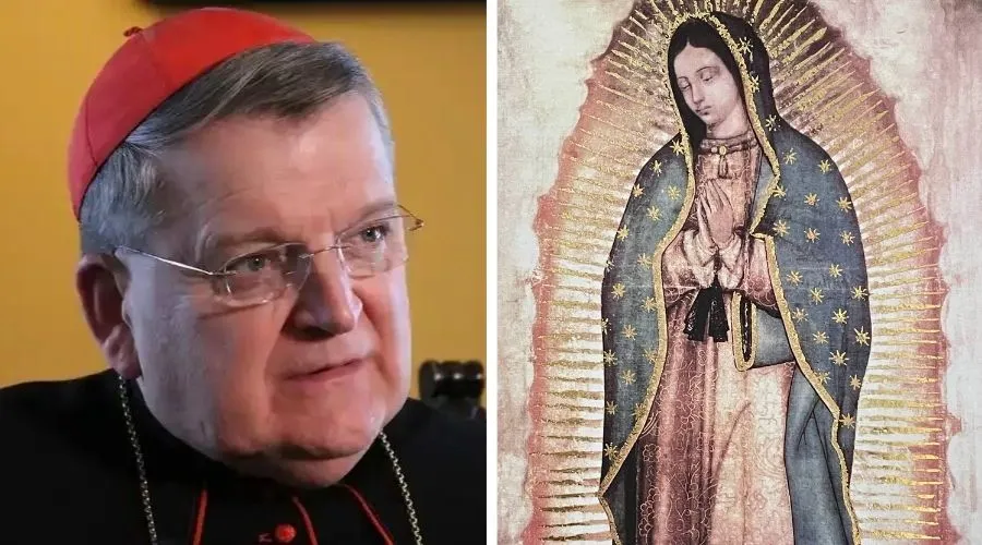 Cardenal Raymond Leo Burke. Crédito: Joaquín Peiro / ACI Prensa / Réplica de imagen de Nuestra Señora de Guadalupe.