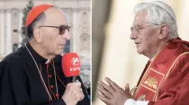 Cardenal Juan José Omella. Foto: Daniel Ibáñez / ACI Prensa. Benedicto XVI. Crédito: Vatican Media
