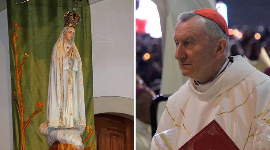 Imagen de la Virgen de Fátima y Cardenal Pietro Parolin (2017) / Crédito: Elise Harris (ACI Prensa)