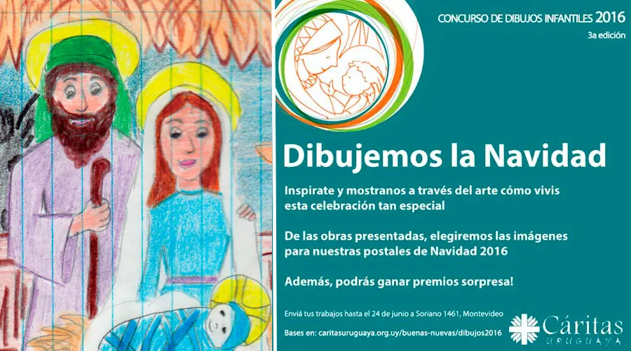 El dibujo ganador del año pasado y el afiche de la convocatoria para el concurso este año de Cáritas Uruguay