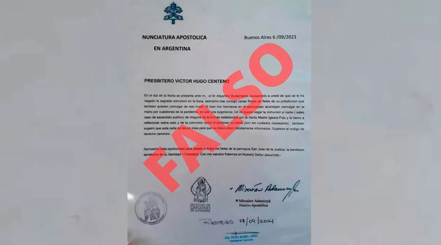 A falsa carta com a assinatura do Núncio na Argentina.  Crédito: Twitter CEA