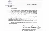 La carta de la Nunciatura Apostólica del Perú dirigida al Arzobispo de Lima