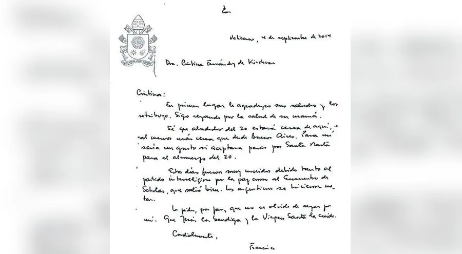 Carta del Papa Francisco a Cristina Fernández