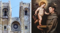 Catedral de Lisboa (extracto de foto). Cru00e9dito: Alvesgaspar - Wikimedia Commons (CC BY-SA 3.0) / San Antonio de Padua. Cru00e9dito: Dominio Pu00fablico - Wikimedia Commons