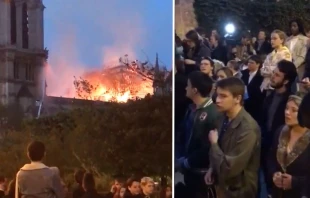 Catu00f3licos rezan ante la Catedral de Notre Dame de Paru00eds en llamas 