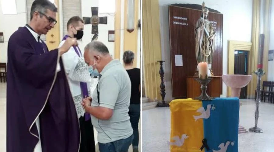 La imposición de las cenizas y una bandera ucraniana con palomas por la paz en la Catedral de Ciego de Ávila. Crédito: Diócesis de Ciego de Ávila?w=200&h=150