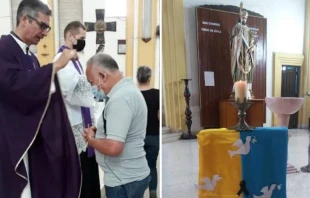 La imposiciu00f3n de las cenizas y una bandera ucraniana con palomas por la paz en la Catedral de Ciego de u00c1vila. Cru00e9dito: Diu00f3cesis de Ciego de u00c1vila 