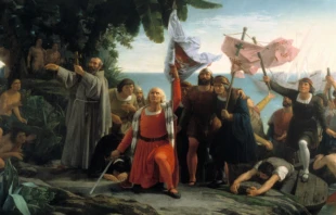 Pintura de Diu00f3scoro Puebla que representa la llegada de Cristu00f3bal Colu00f3n a Amu00e9rica, el 12 de octubre de 1492. 