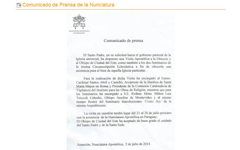 El comunicado que anuncia la visita apostólica (Foto Conferencia Episcopal Paraguaya)?w=200&h=150