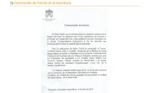El comunicado que anuncia la visita apostólica (Foto Conferencia Episcopal Paraguaya)