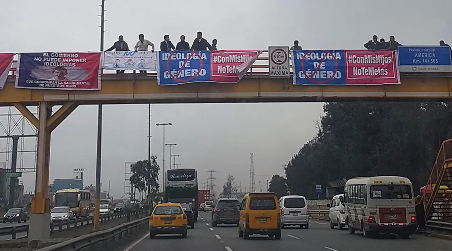 Carteles de #ConMisHijosNoTeMetas en un puente de Lima. Foto: Liliana Montes / ACI Prensa.