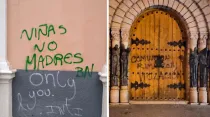 Consignas abortistas en fachadas de iglesias / Iglesia San Francisco, Santa Cruz. Iglesia Señor de la Exaltación, La Paz. 
