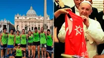 El grupo de corredores / El Papa Francisco con la camiseta del equipo de corredores. Fotos: Facebook Desafío Córdoba Roma