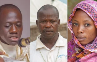 De izquierda a derecha: P. Bako Francis Awesuhm, James John Maidugu, Janada Marcus. Cru00e9dito: Cortesu00eda de ACN Internacional 