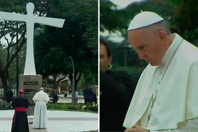 El Papa reza ante la Cruz de la Reconciliación y planta el árbol de la paz en Colombia