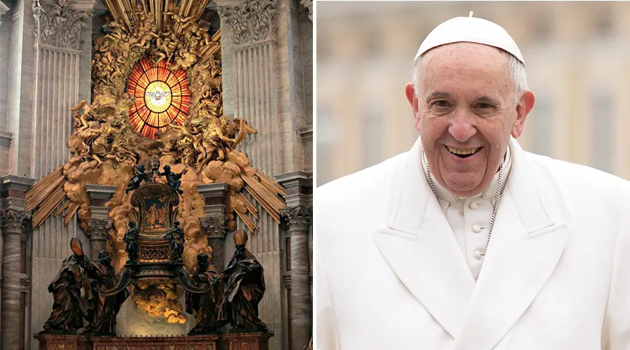 Cátedra de San Pedro (izquierda) y Papa Francisco (derecha) / Foto: Daniel Ibañez (ACI Prensa)