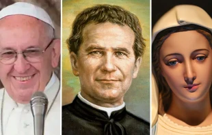 Papa Francisco. Cru00e9dito: Daniel Ibu00e1u00f1ez / Don Bosco. Cru00e9dito: Dominio pu00fablico / Virgen Maru00eda. Cru00e9dito: Shutterstock 