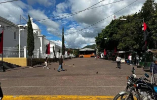 Las banderas de la dictadura sandinista frente a la Catedral de Matagalpa. Cru00e9dito: Cortesu00eda Martha Patricia Molina 