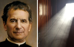 Estampa de Don Bosco. Cru00e9dito: ANS / Imagen referencial de puerta y luz. Cru00e9dito: Pixabay 