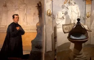 Don Bosco y la pila bautismal de la parroquia “San Andrés Apóstol” - Oratorio “Juan Bosco”, ubicada en Castelnuovo Don Bosco, en la provincia de Asti, Diócesis de Turín, al norte de Italia 
