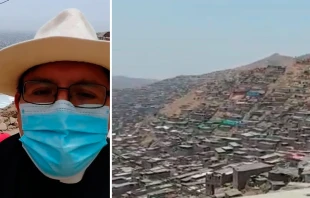El P. Emerson Velaysosa y una vista de los cerros de Lima donde sirve a los pobres. Cru00e9dito: Parroquia San Juan Bautista de Amancaes 