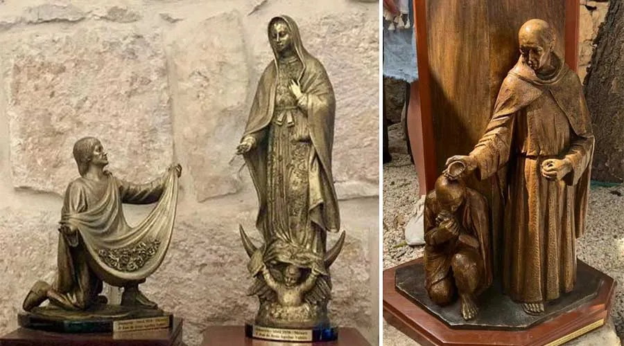 Esculturas de San Juan Diego, la Virgen de Guadalupe y de un franciscano bautizando llevadas de México al Monte Tabor. Crédito: Cortesía P. José de Jesús Aguilar.