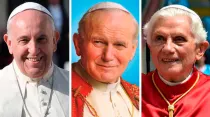 Papa Francisco, San Juan Pablo II y el Papa Emérito Benedicto XVI