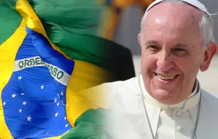 Papa Francisco. Foto: Joaquín Peiro - ACI Prensa / Bandera de Brasil. Foto: Wikipedia - Jose Cruz (CC BY 3.0 BR) 