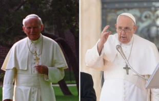 Papa San Juan Pablo II. Cru00e9dito: The U.S. National Archives - Dominio Pu00fablico | Papa Francisco. Cru00e9dito: Daniel Ibau00f1ez - ACI Prensa 