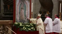 Papa Francisco frente a la imagen de la Virgen de Guadalupe. Foto: Daniel Ibáñez / ACI Prensa