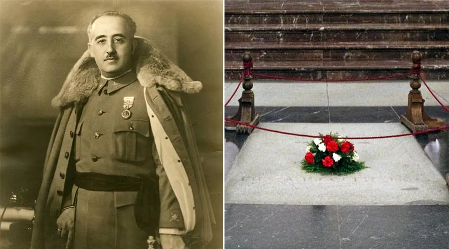 Francisco Franco (izq) y la tumba donde reposan sus restos en el Valle de los Caídos (dcha). Foto: Wikipedia.