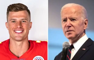 Harrison Butker. Cru00e9dito: Caballeros de Colu00f3n / Joe Biden. Cru00e9dito: Gage Skidmore (CC BY-SA 2.0). 