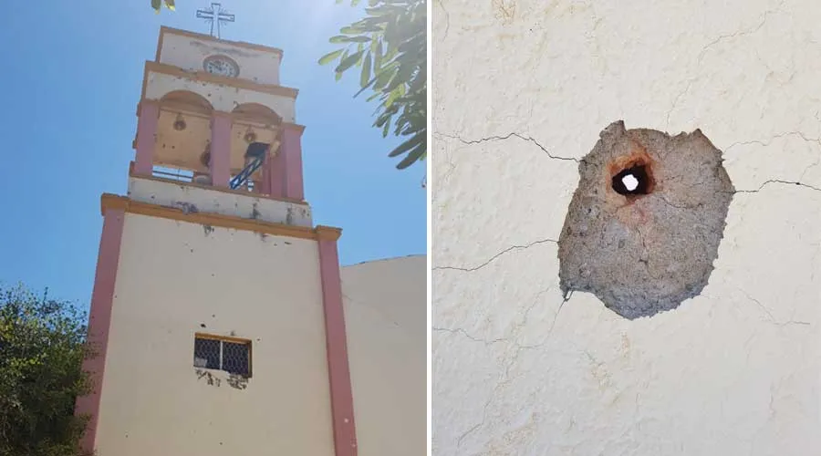 Parroquia San José Obrero, en la diócesis mexicana de Apatzingán, con daños de balas.