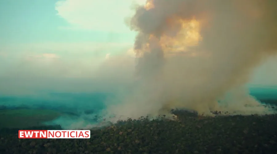 Vista aérea de uno de los incendios en la Amazonía. Crédito: EWTN Noticias (Captura de video)