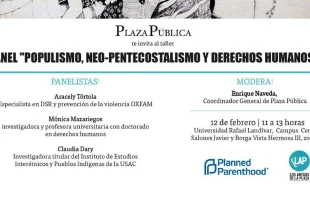 Invitaciu00f3n a evento de periu00f3dico Plaza Pu00fablica en la Universidad Rafael Landu00edvar, con emblema de Planned Parenthood. 