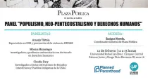 Invitación a evento de periódico Plaza Pública en la Universidad Rafael Landívar, con emblema de Planned Parenthood.