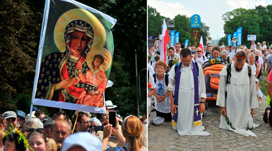 Virgen de Czestochowa y peregrinos que llegan al Santuario Mariano de Jasna Góra. Créditos: JasnaGoraNews