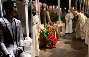 La escultura de Joan Roig realizada por Elena Palomino. A la derecha la bendiciu00f3n en la Basu00edlica de la Puru00edsima Concepciu00f3n. Fotos cortesu00eda Francesca Gravenhorst 