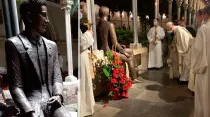 La escultura de Joan Roig realizada por Elena Palomino. A la derecha la bendición en la Basílica de la Purísima Concepción. Fotos cortesía Francesca Gravenhorst
