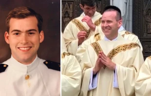 John Paul Ginty en la du00e9cada de 1990 cuando era ingeniero nuclear en un submarino / A la derecha ya ordenado sacerdote. Cru00e9dito: Arquidiu00f3cesis de Newark 