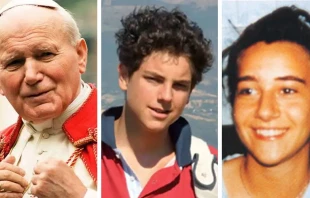 San Juan Pablo II. Cru00e9dito: Vatican Media / Beato Carlo Acutis. Cru00e9dito: Asociaciu00f3n Carlo Acutis / Beata Chiara Luce Badano. Cru00e9dito: Movimiento de los Focolares. 