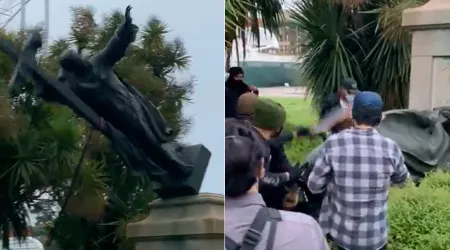 Derriban y atacan con pintas estatua de San Junípero Serra en Estados Unidos