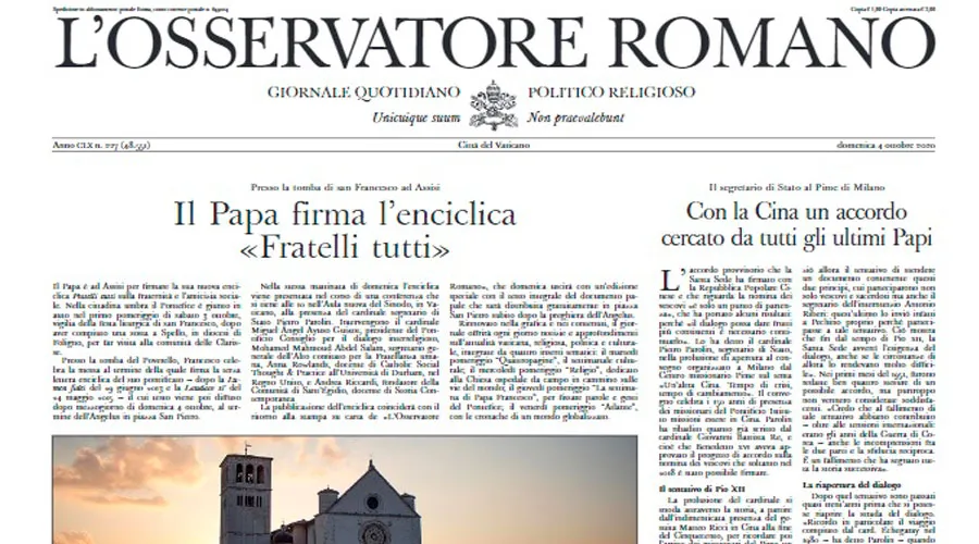 Diario del Vaticano vuelve a publicarse en papel con la encíclica Fratelli tutti