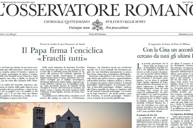 Diario del Vaticano vuelve a publicarse en papel con la encíclica Fratelli tutti