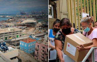 El Lu00edbano luego de la explosiu00f3n y personas recibiendo ayuda. Cru00e9ditos: Ayuda a la Iglesia Necesitada (ACN) 