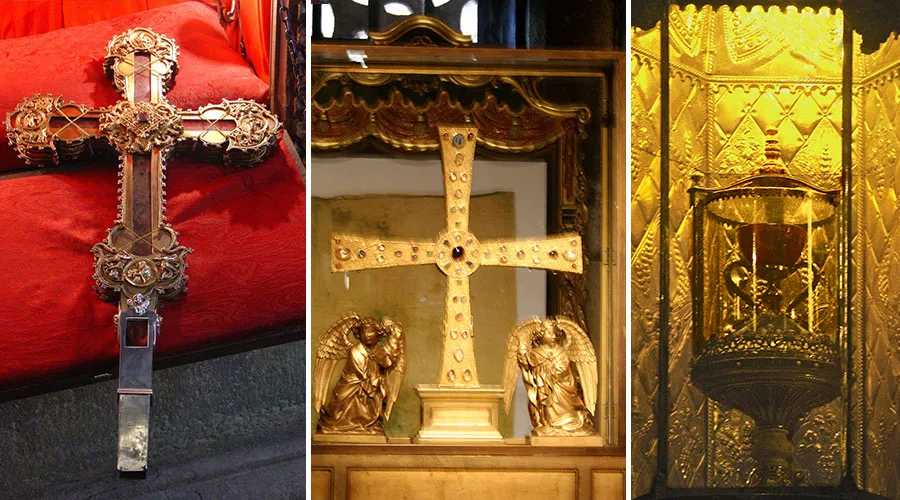 Reliquia del Lignum Crucis (izq), Santo Sudario y Santo Cáliz (dcha). Foto: Wikipedia Dominio Público.